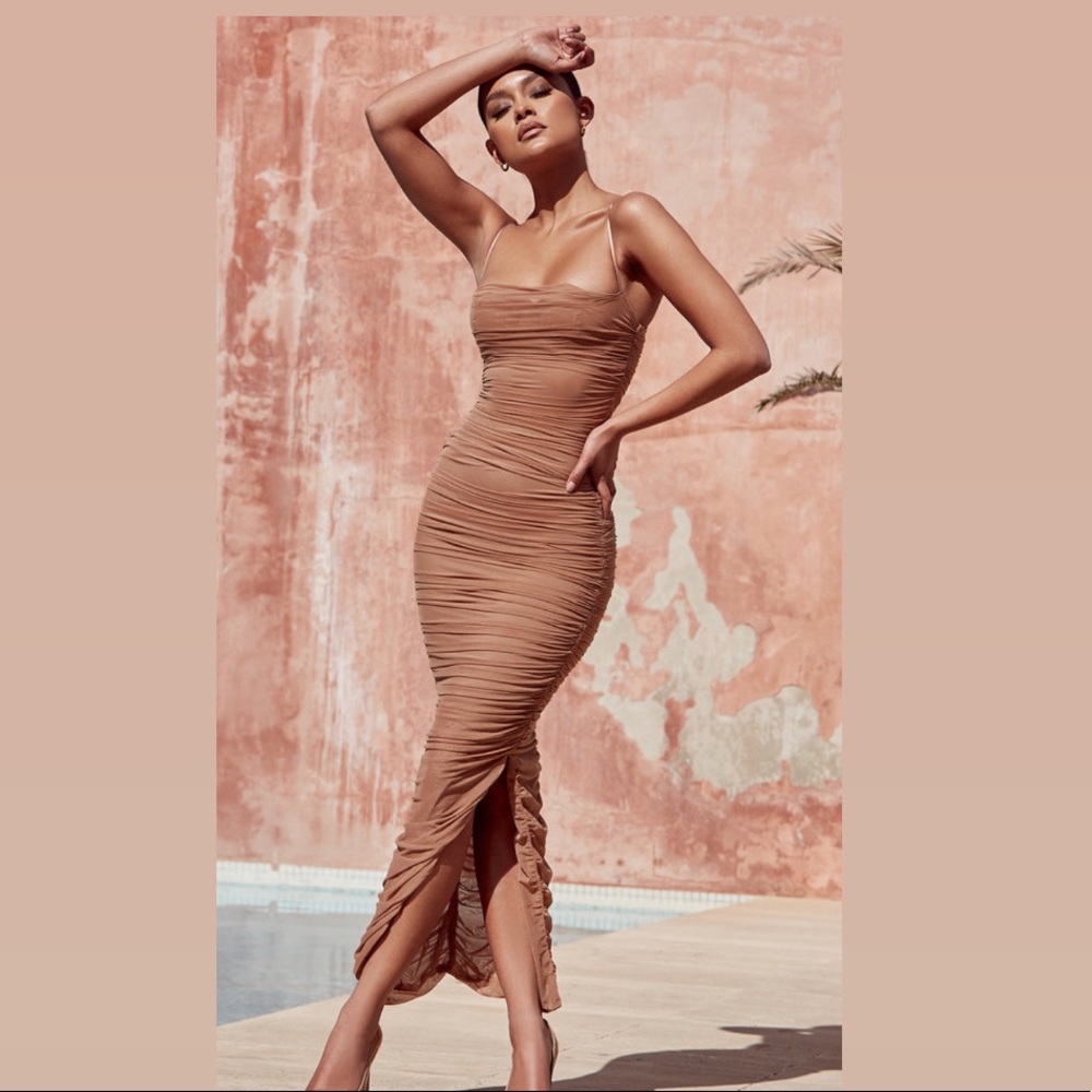 House Of CB FORNARINA Tan Organza Mesh Maxi dress